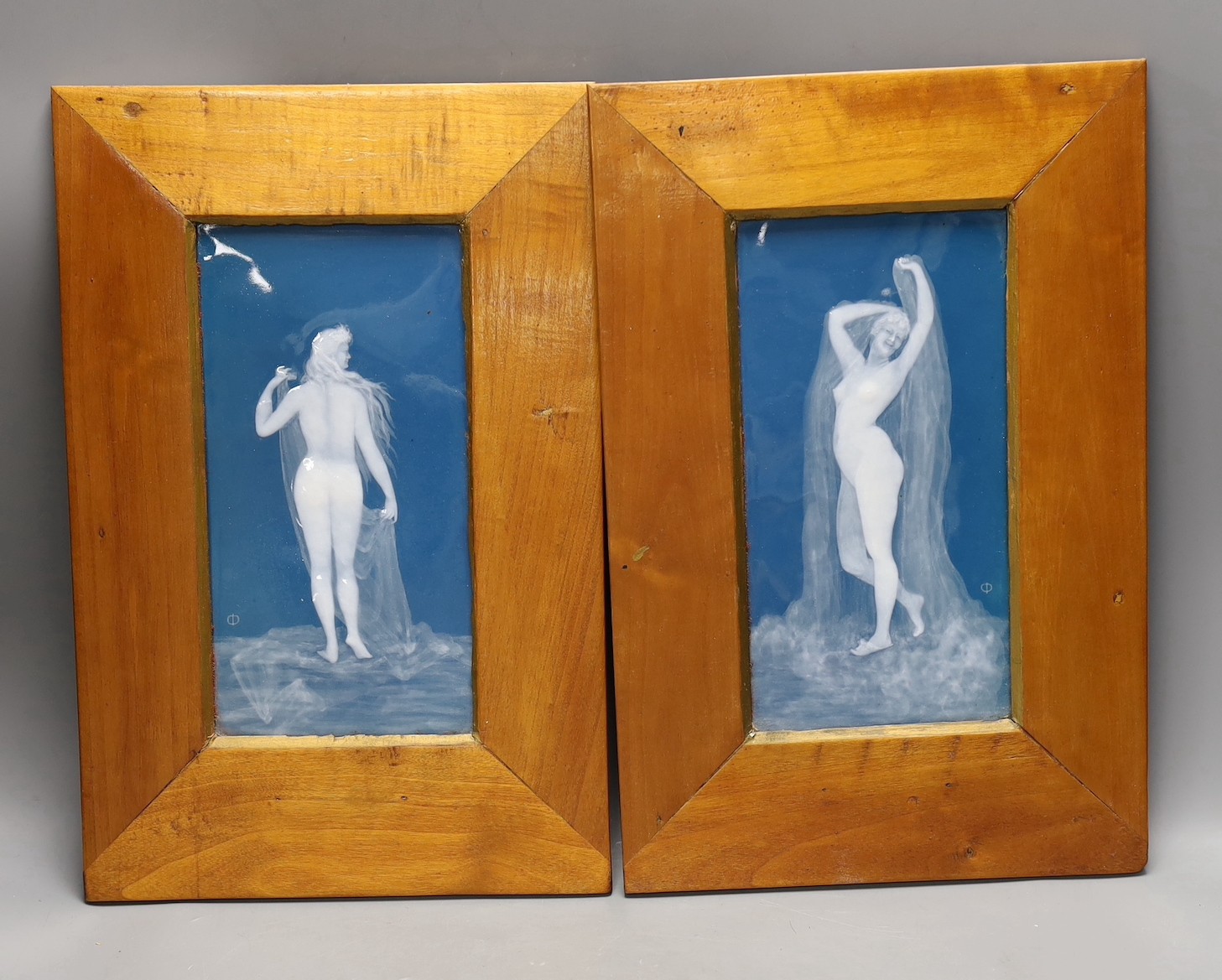 A pair of early 20th century framed Limoges ‘pâté sur pâté’ plaques, monogram mark, 41 x 27cm incl frame